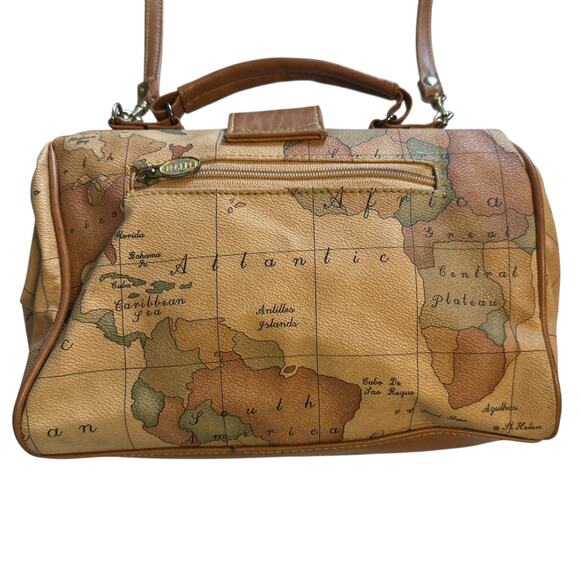 Gitano Vintage Structured World Map Print Bag Purse Vegan Leather Atlas Camel - Picture 4 of 10
